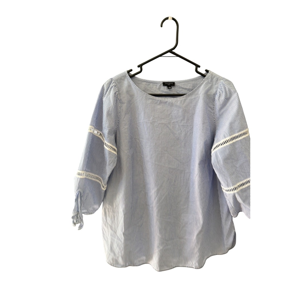 Talbots Petite Blue White Striped‎ Cotton Blouse Ladder Lace Cotton LP Peasant